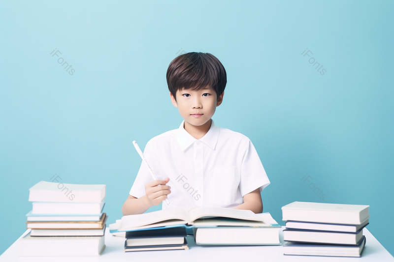 蓝色背景在书桌前学习的小男孩儿童教育,高清,摄影图,摄影图片,图片大全,摄影图免费下载